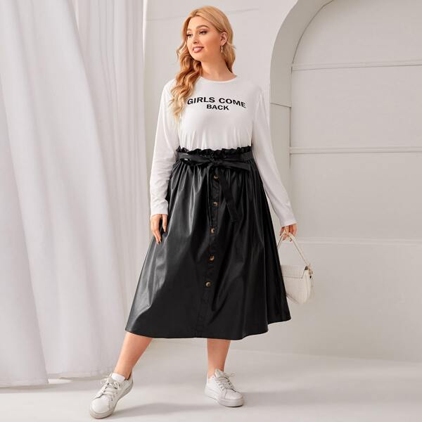 

Plus Slogan Graphic Pullover & Paperbag Waist Belted PU Skirt Set, Black and white