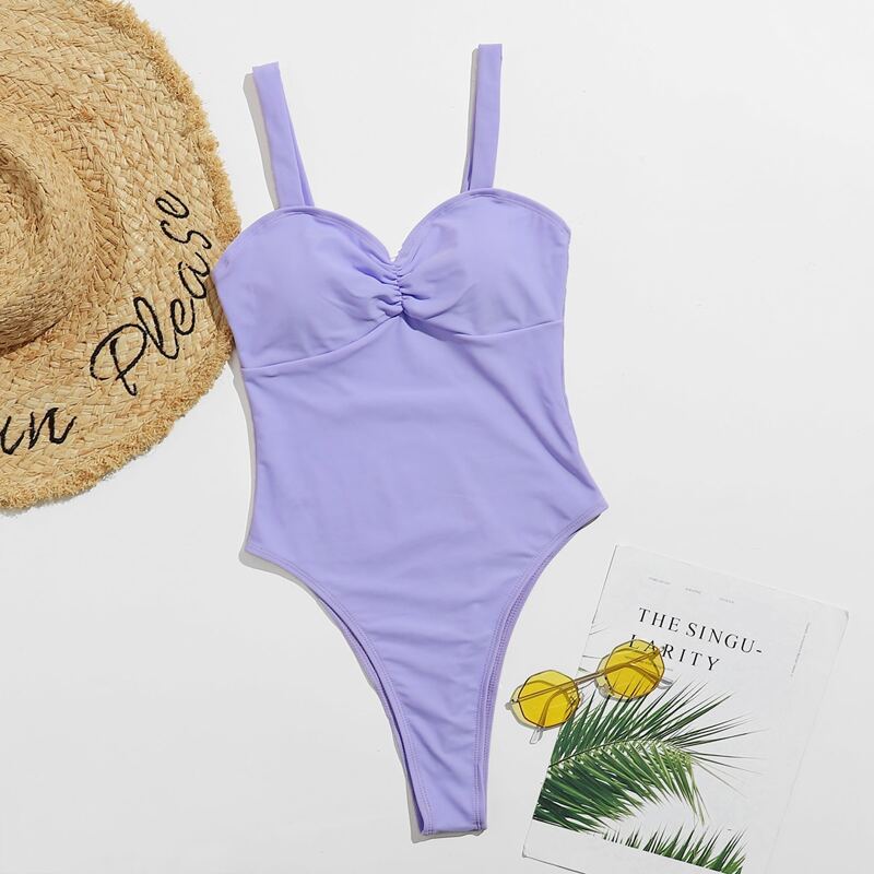 

Solid Ruched One Piece Swimsuit, Lilac purple