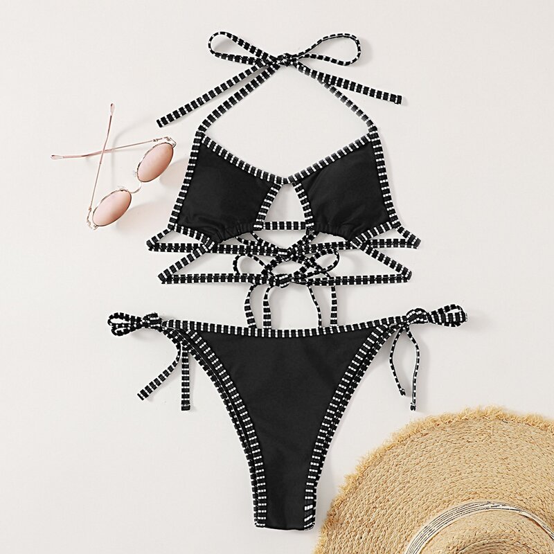 

Contrast Binding Cut Out Tie Side Bikini Swimsuit, Black