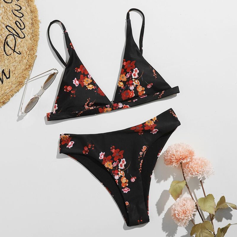 

Floral Triangle Bikini Swimsuit, Black