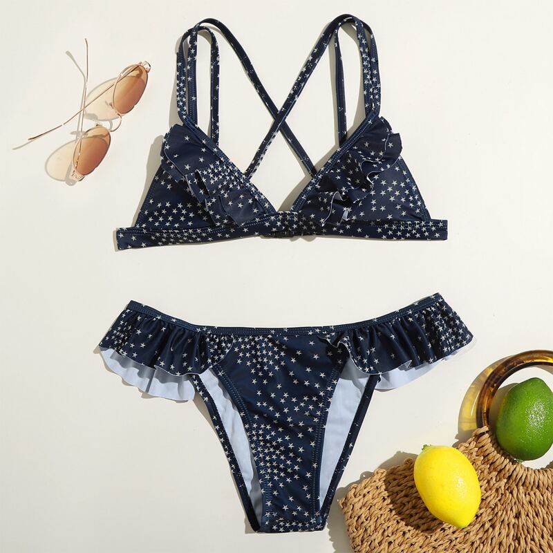 

Galaxy Print Ruffle Triangle Bikini Swimsuit, Navy blue
