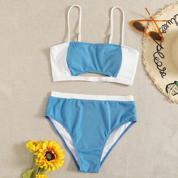 

Color Block Rib High Waisted Bikini Swimsuit, Blue and white