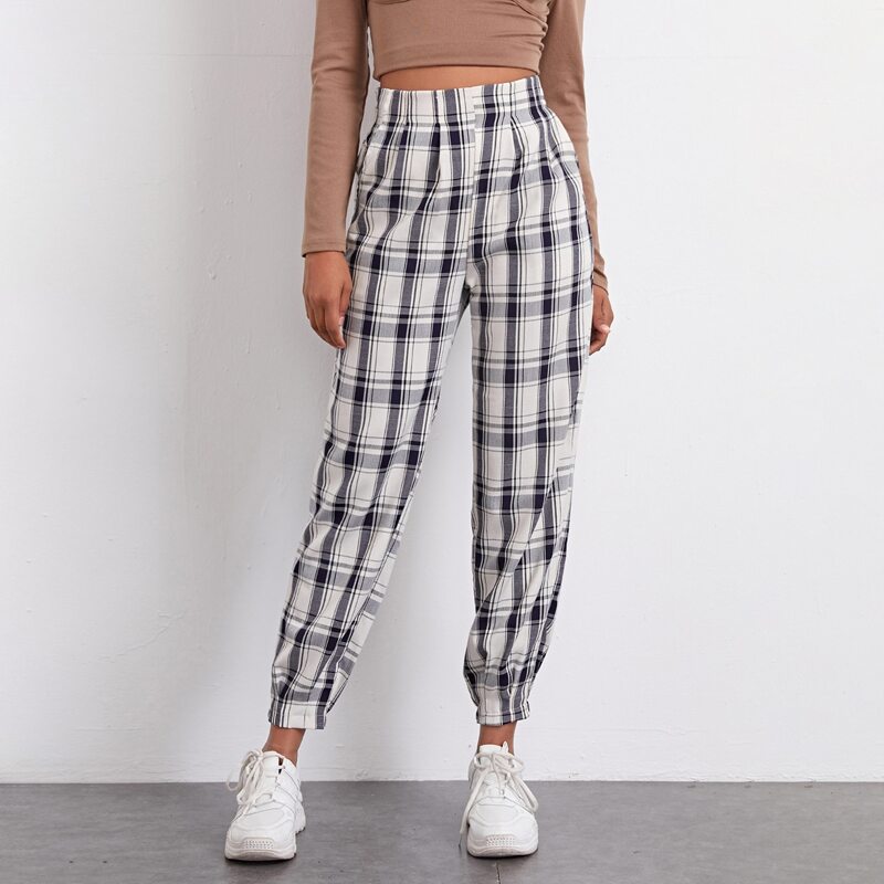 

High Waist Fold Pleat Tartan Pants, Blue and white