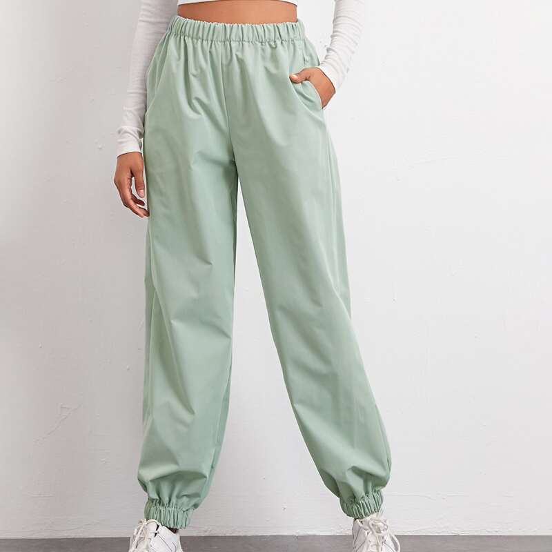 

Elastic Waist Pocket Side Jogger Pants, Mint green