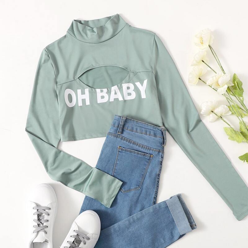 

Mock-neck Cut Out Letter Graphic Top, Cadet blue