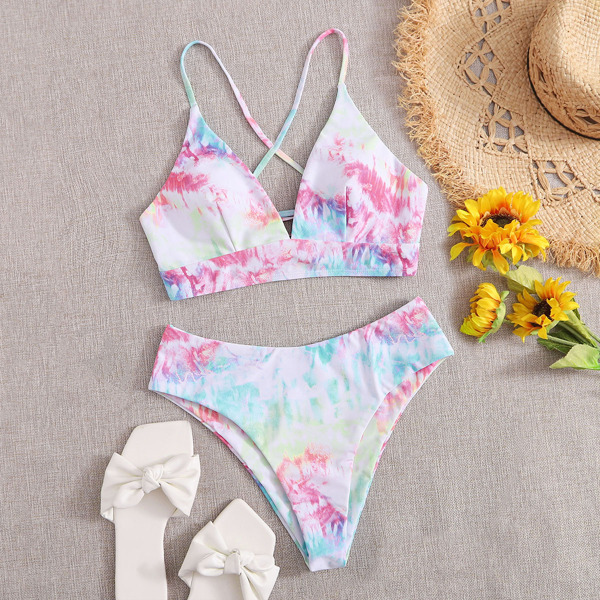 

Tie Dye Lace-up Back Bikini Swimsuit, Multicolor