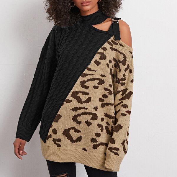 

Asymmetrical Neck Leopard Colorblock Sweater, Multicolor