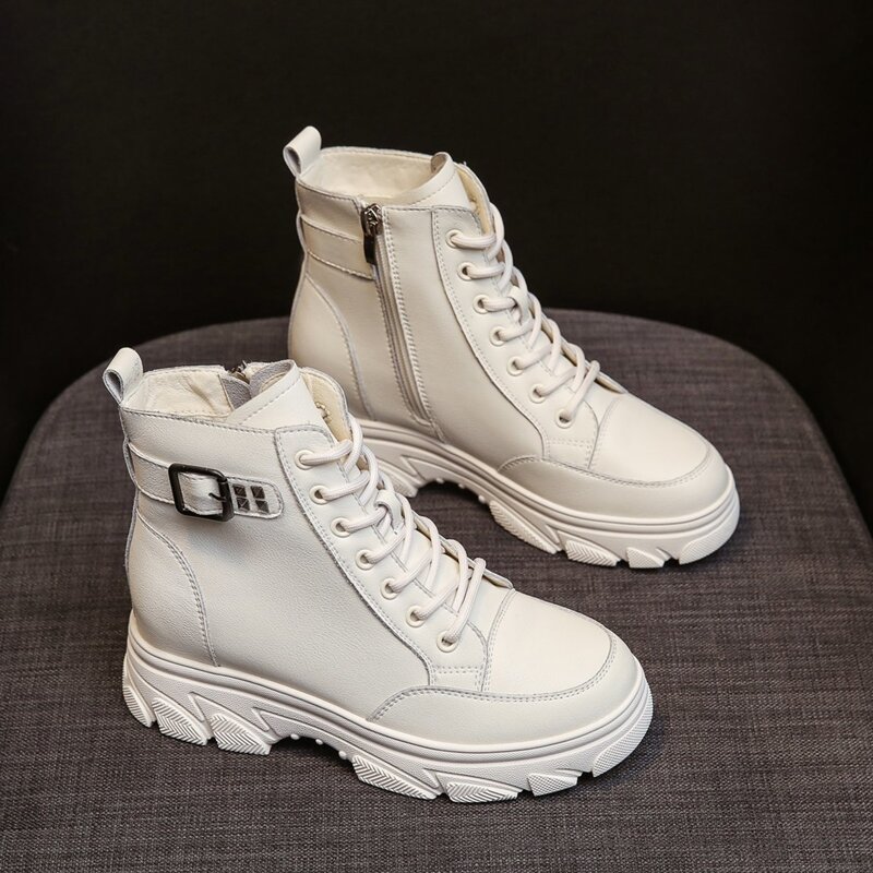 

Buckle Decor Lace-up Front Combat Boots, Beige