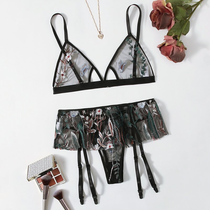 

Lace Floral Garter Lingerie Set, Black