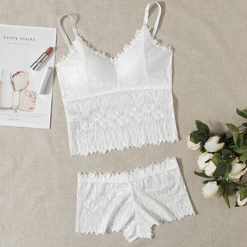 

Solid Lace Lingerie Set, White
