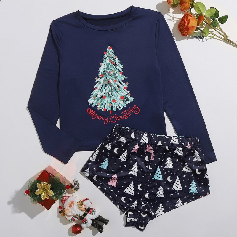 

Christmas & Slogan Graphic PJ Set, Navy blue