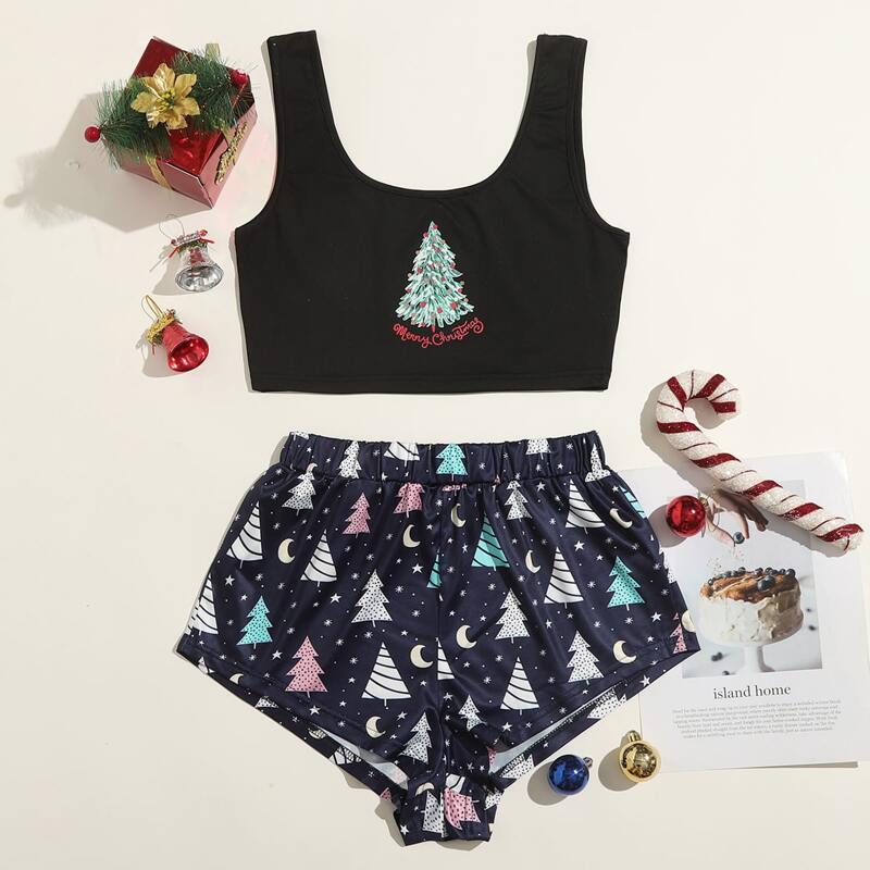 

Christmas & Slogan Graphic PJ Set, Multicolor
