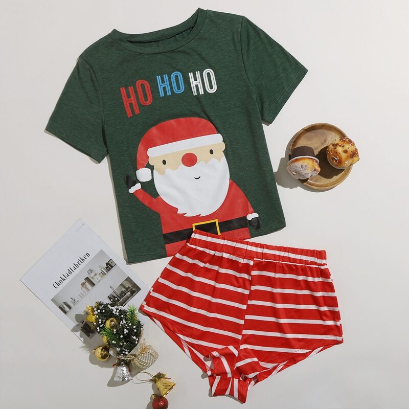 

Christmas And Stripe Print Pajama Set, Multicolor