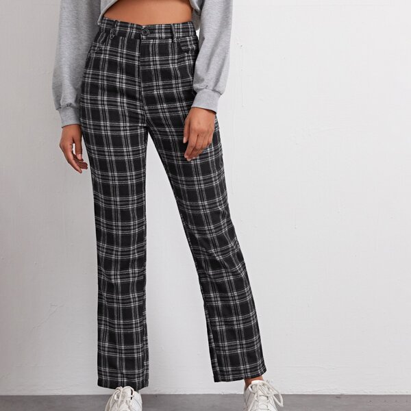 

High Waist Plaid Straight Pants, Black and white