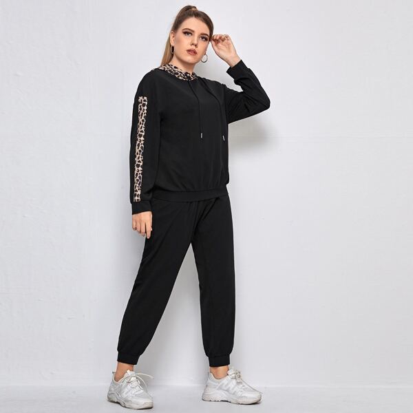 

Plus Cheetah Panel Drawstring Hoodie & Sweatpants, Black