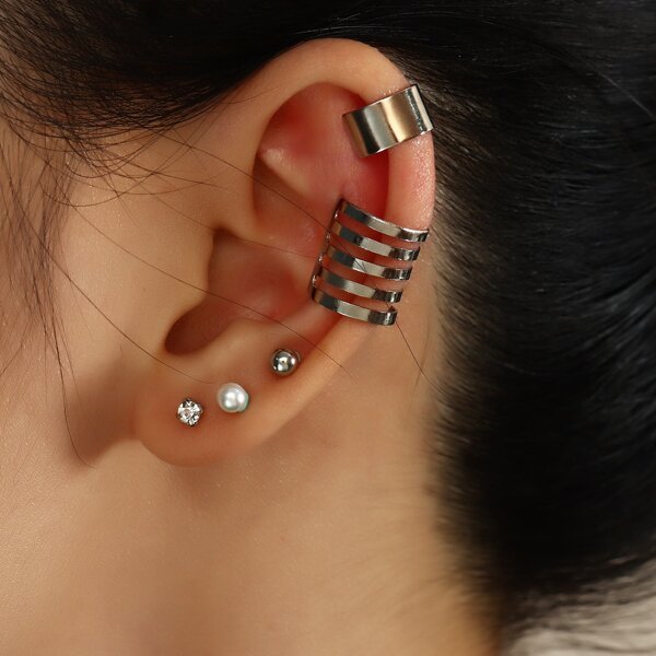 

5pcs Faux Pearl & Rhinestone Decor Earring, Silver
