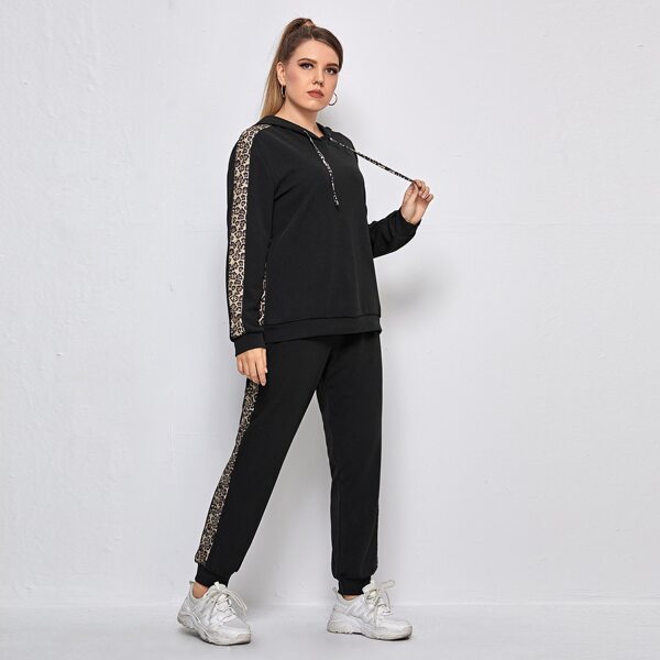 

Plus Cheetah Panel Drawstring Hoodie & Sweatpants, Black