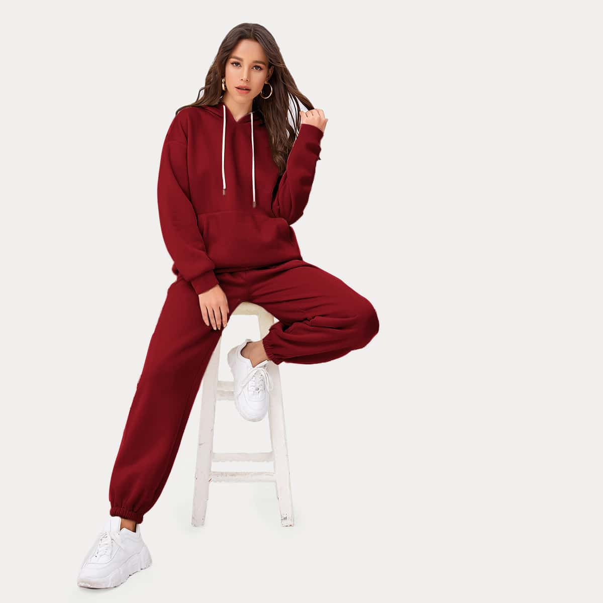 

Drop Shoulder Pouch Pocket Drawstring Hoodie & Sweatpants Set, Burgundy