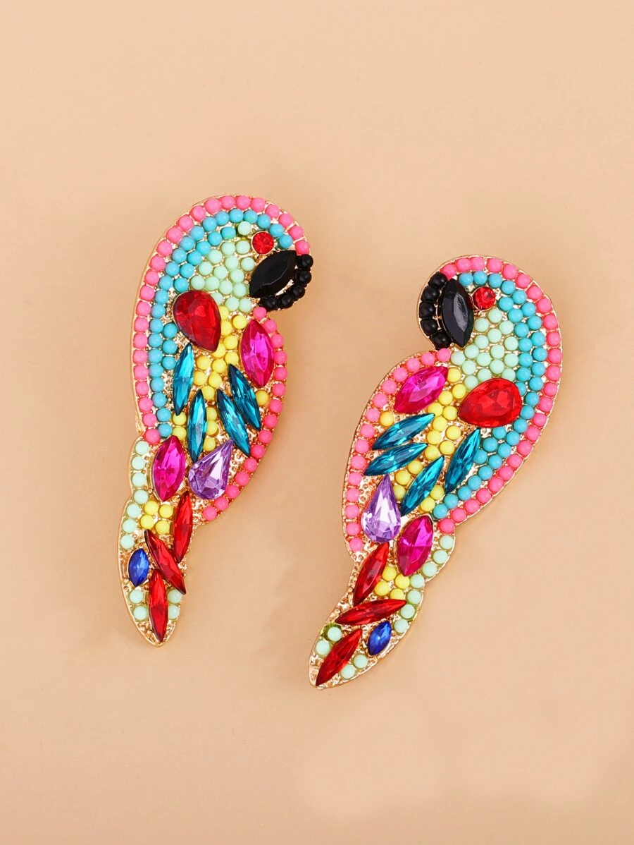 1 par de aretes con forma de loro con piedras rhinestone, con temática de animales para fiestas y vacaciones, regalo para mujeres - Multicolor - Ver 1
