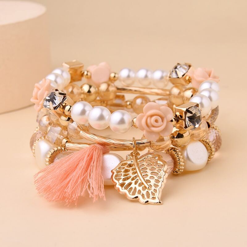 

4pcs Tassel & Leaf Charm Bracelet, Multicolor