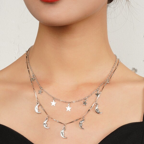 

2pcs Moon & Star Pendant Necklace, Silver