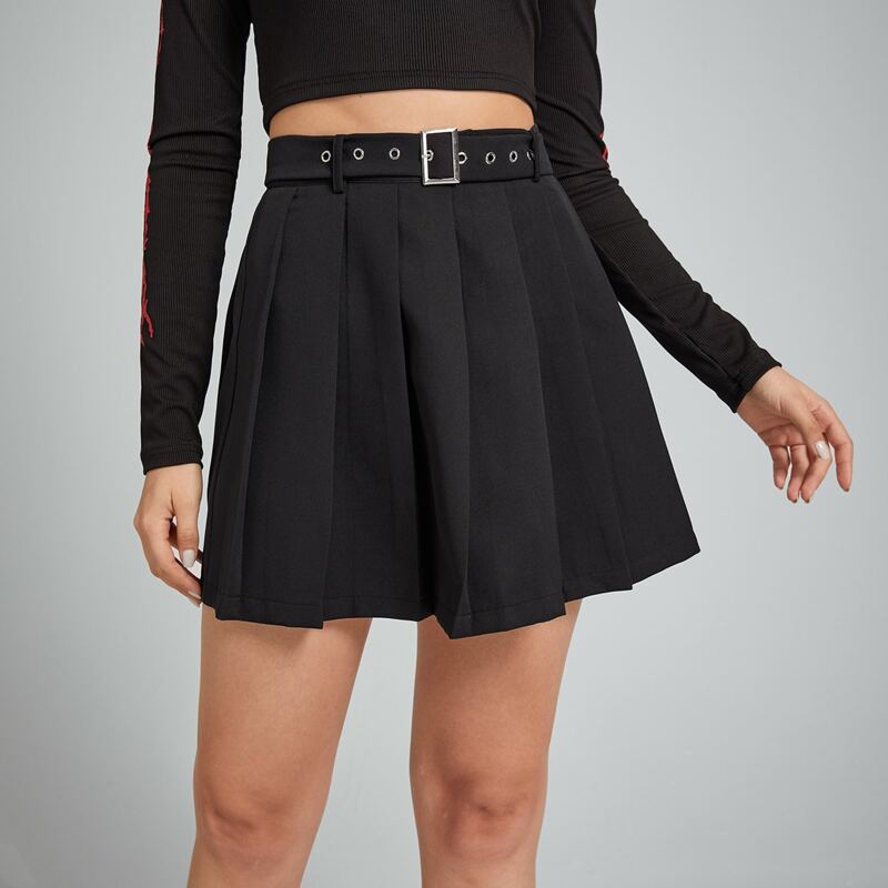 

Solid Pleated Skirt With Belt, Black