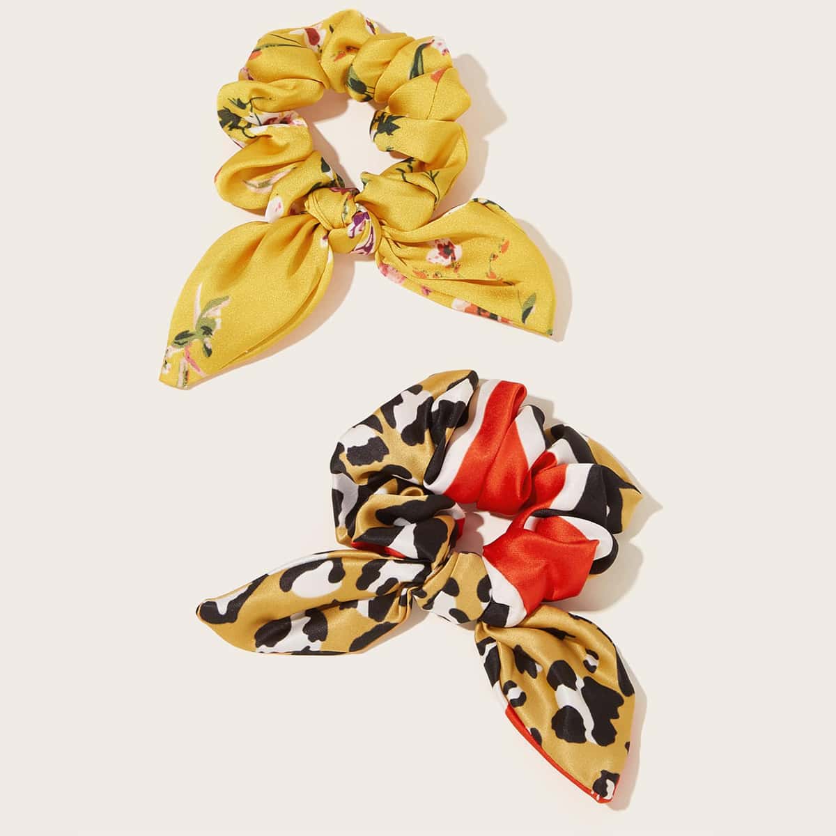 

2pcs Floral & Leopard Scrunchie, Multicolor