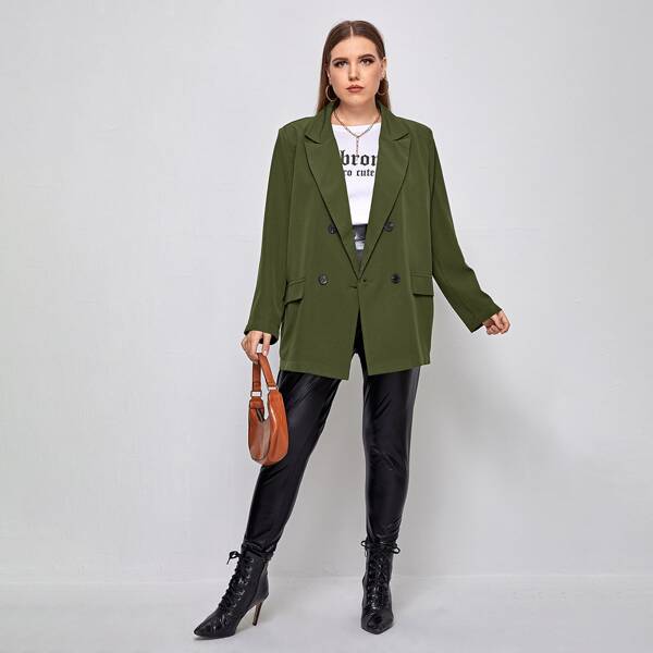 

Plus Solid Double Breasted Blazer, Army green