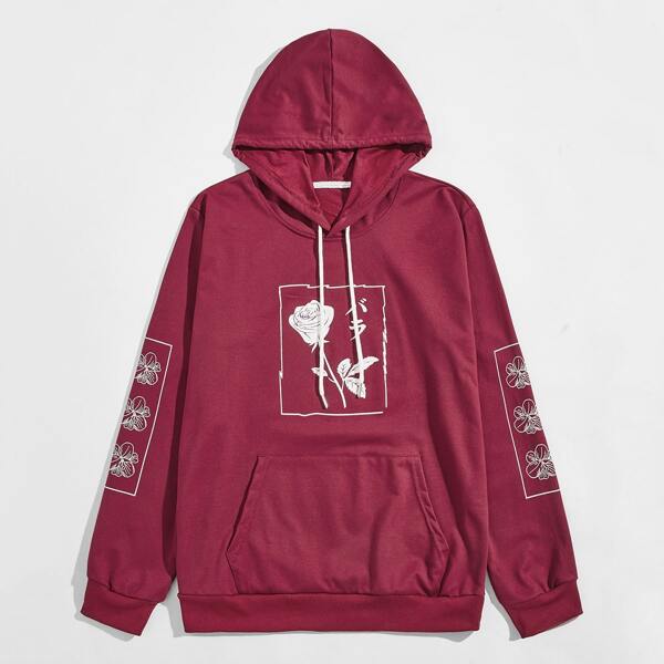 

Men Japanese Letter & Floral Graphic Kangaroo Pocket Hoodie, Rose red