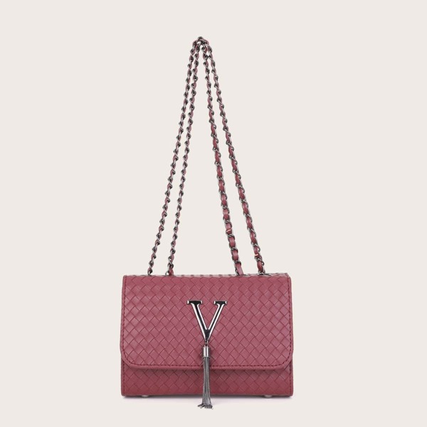 

Metal Tassel Charm Woven Chain Shoulder Bag, Burgundy