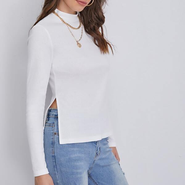 

Mock-Neck Split Side Top, White