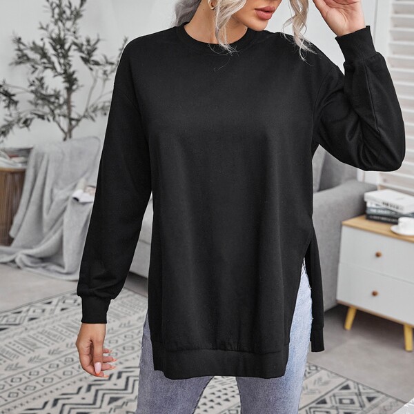 

Drop Shoulder Split Side Pullover, Black