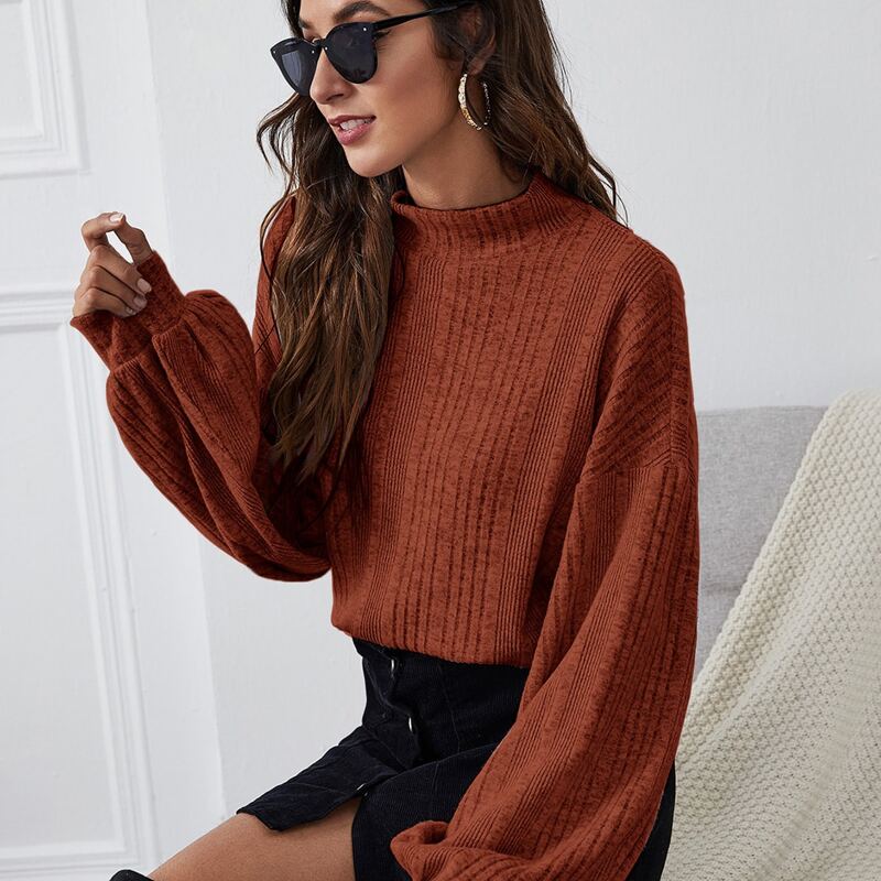 

Funnel Neck Lantern Sleeve Rib-knit Top, Burnt orange