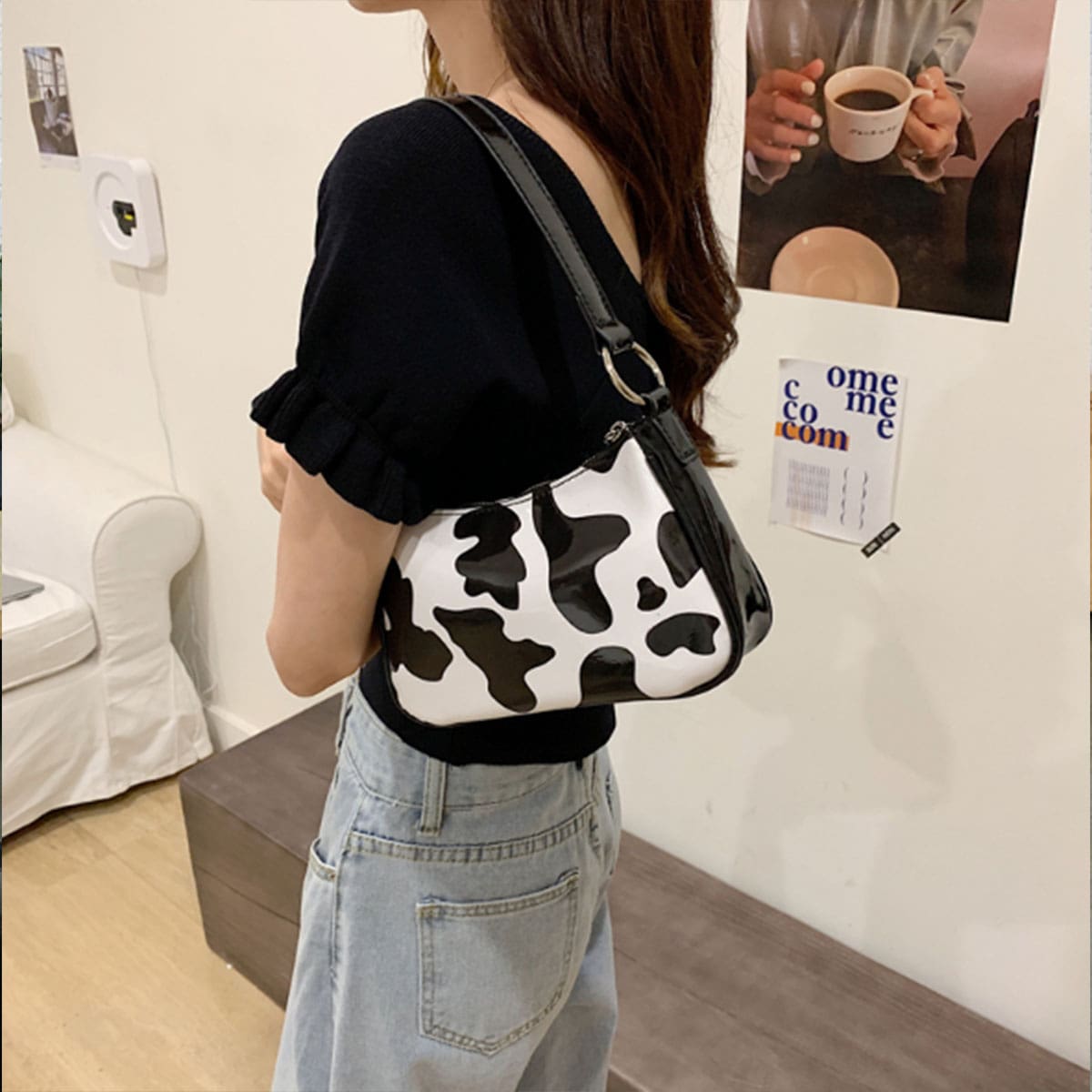

Cow Print Baguette Bag, Black and white