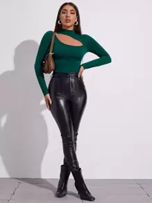 SHEIN Privé Áo thun Cắt ra màu trơn Thanh lịch - Màu xanh lá cây đậm - Xem 3