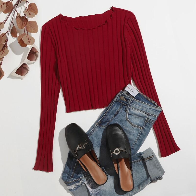 

Solid Rib-knit Crop Tee, Burgundy