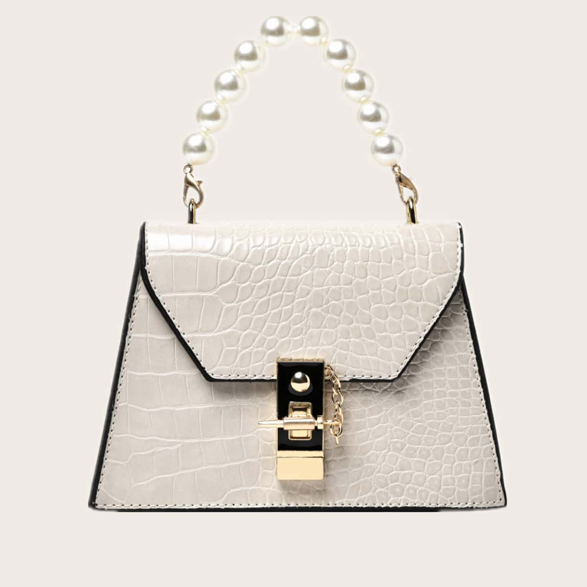

Croc Embossed Faux Pearl Handle Satchel Bag, Beige