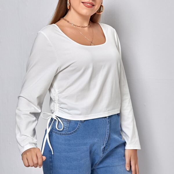 

Plus Solid Scoop Neck Drawstring Side Tee, White