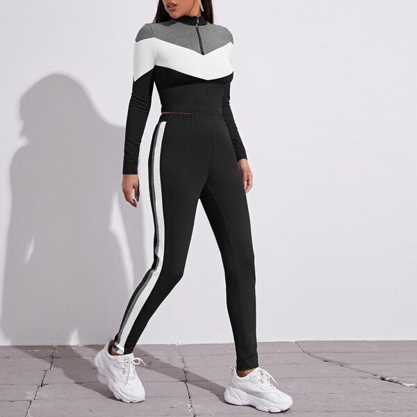 

Zipper Half Placket Colorblock Tee & Contrast Sideseam Leggings Set, Multicolor