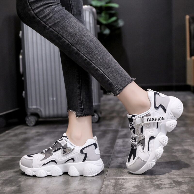 

Lace-up Front Mesh Panel Chunky Sneakers, White