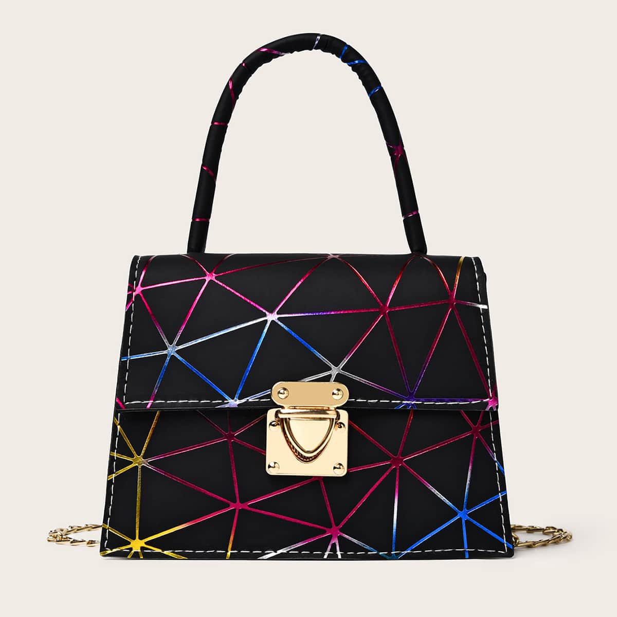 

Geometric Line Satchel Bag, Black