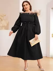 SHEIN Unity Kleid mit Kunstleder Saum, Laternenärmeln und Korsett um die Taille