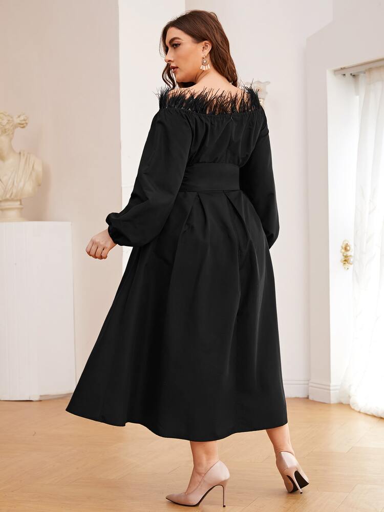 Plus Faux Feather Trim Lantern Sleeve Corset Waist Dress