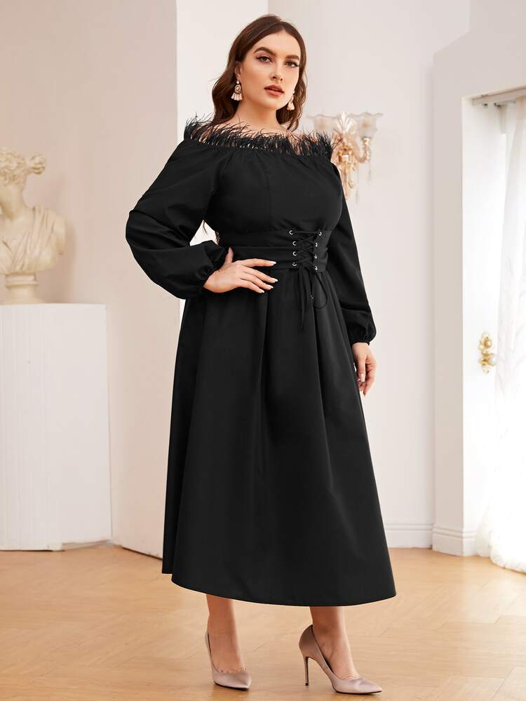 Plus Faux Feather Trim Lantern Sleeve Corset Waist Dress