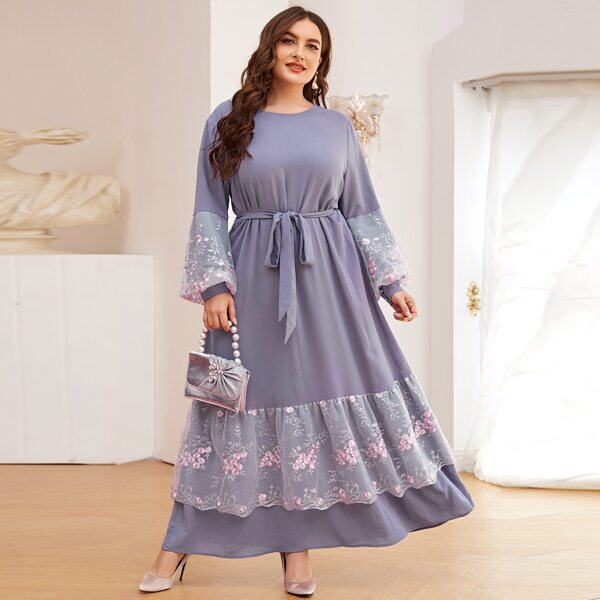 

Plus Floral Embroidered Mesh Panel Lantern Sleeve Self Belted Dress, Dusty purple