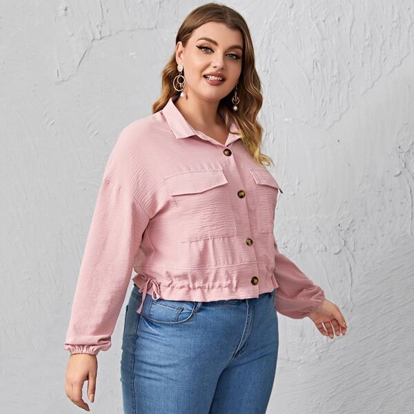 

Plus Drawstring Hem Button Front Drop Shoulder Blouse, Baby pink