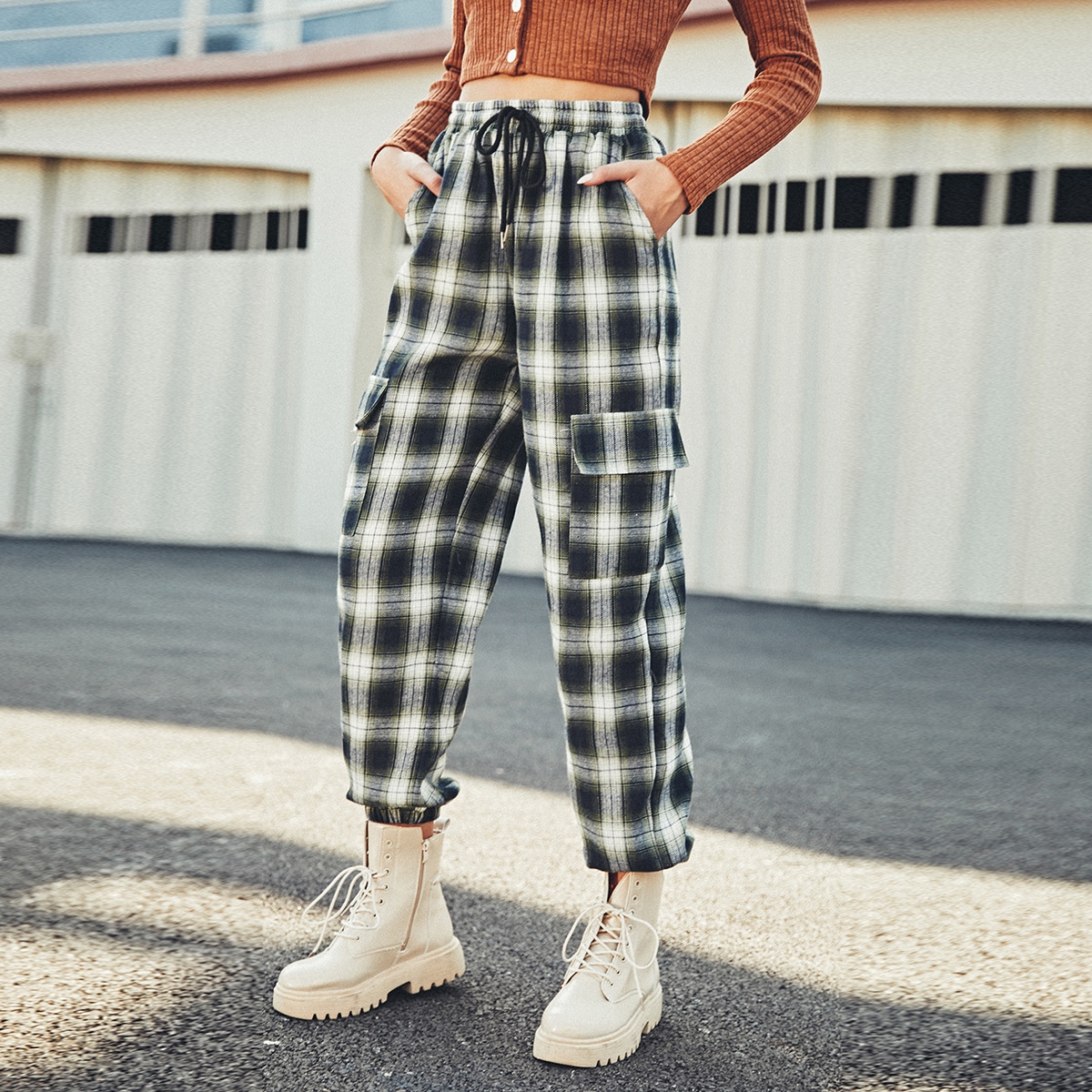 Image of Flap Pocket Tartan Cargo Trousers