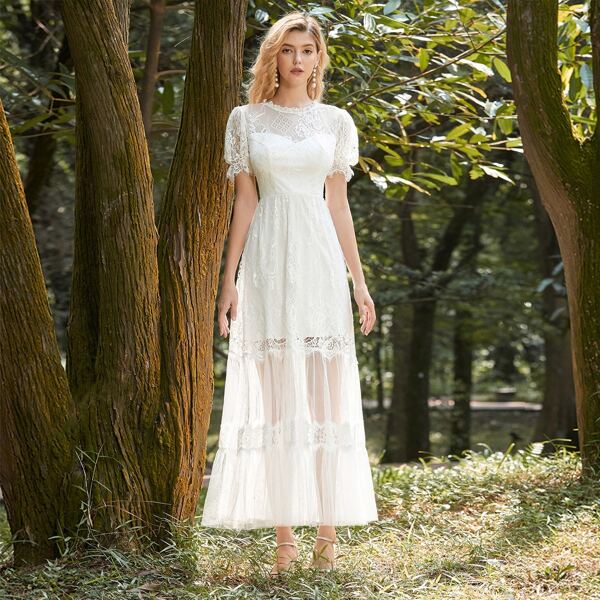 

Frill Neck Layered Hem Lace Prom Dress, White