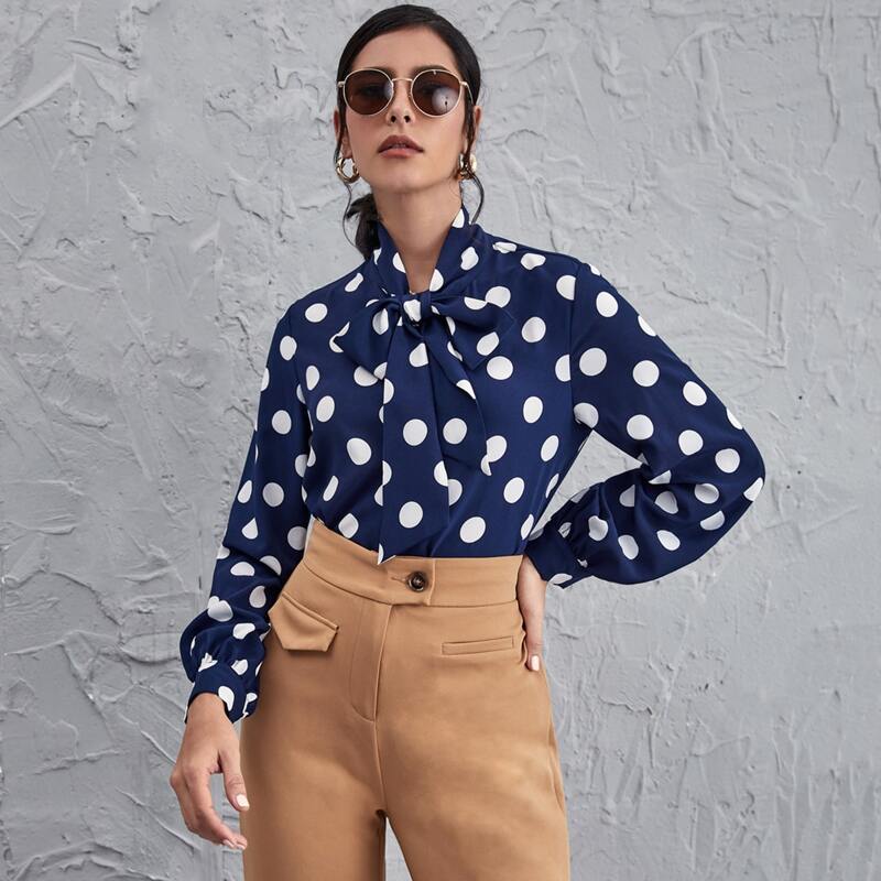

Tie Neck Polka Dot Button Up Blouse, Navy blue
