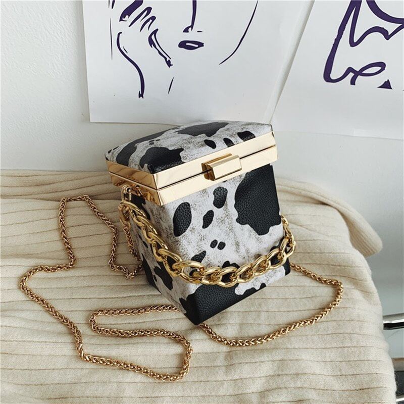 

Cow Print Chain Box Bag, Black and white